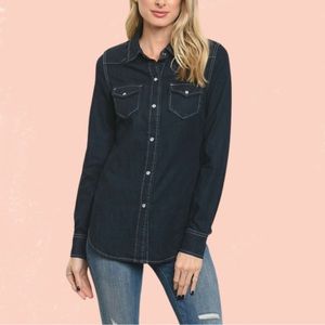 100% Cotton Denim Dark Wash Pearl Snaps Round Hemline Button Up Shirt Litz SML